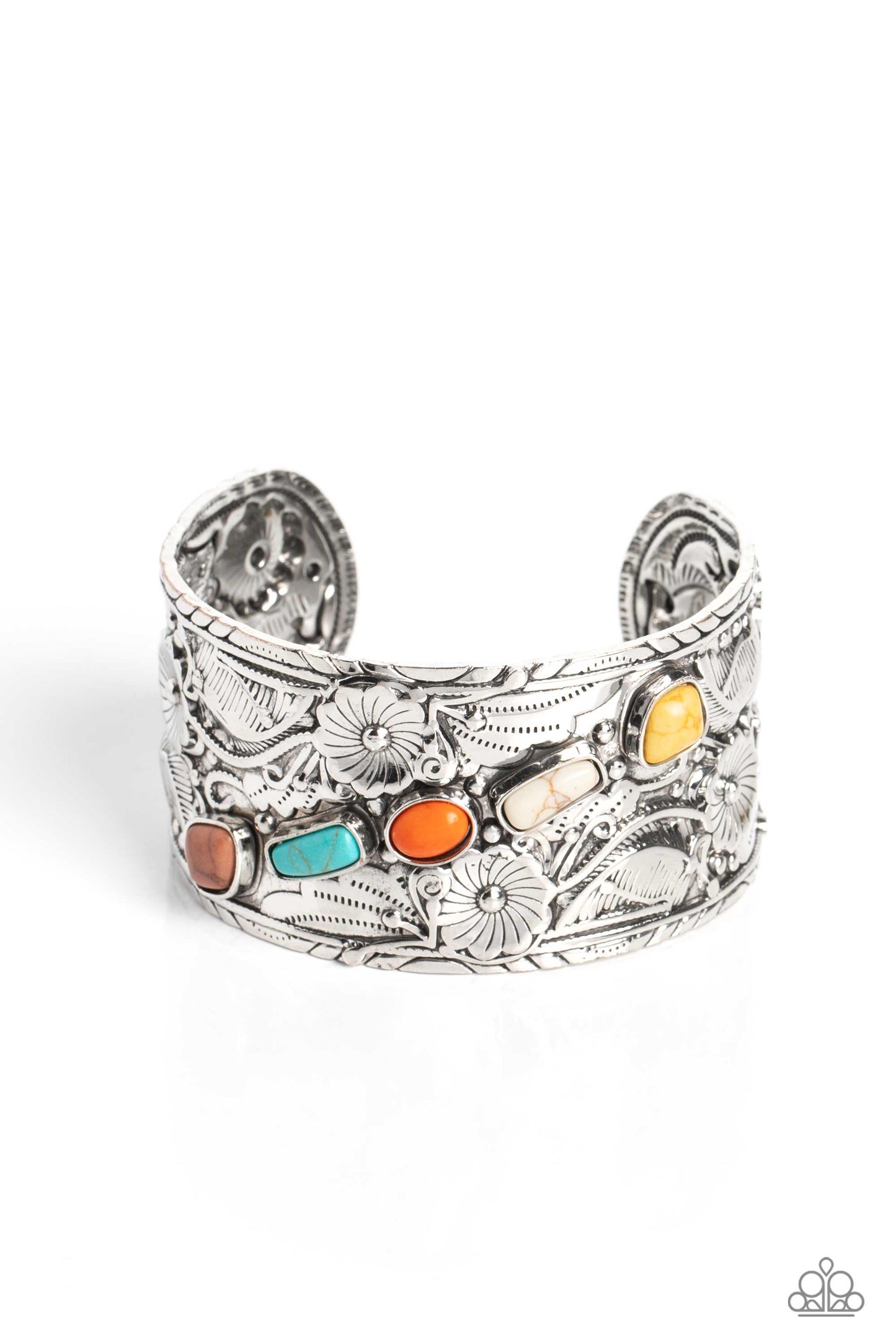 Paparazzi Accessories-Still FLORAL Stones Multi Stone Silver Cuff Bracelet