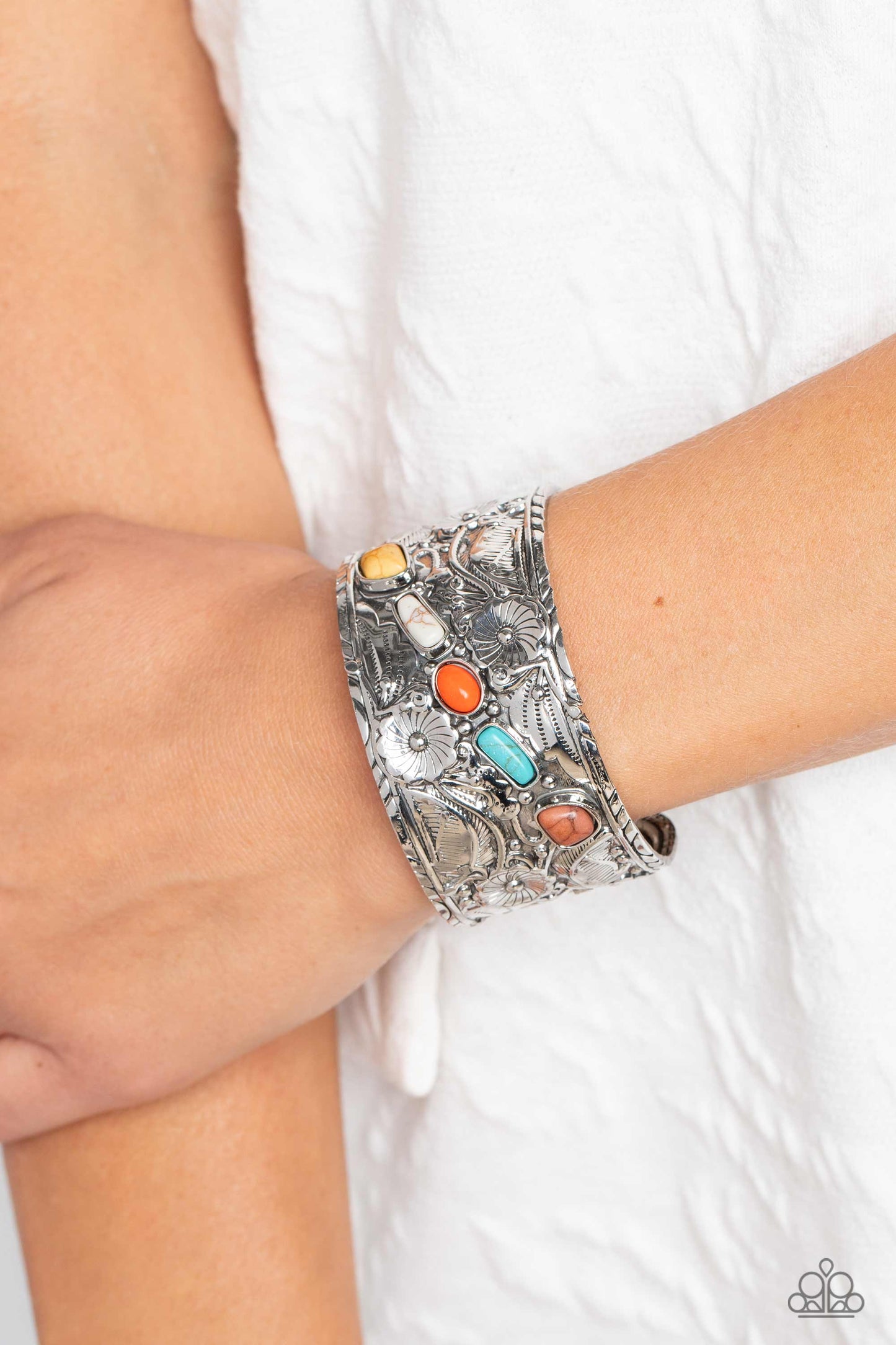 Paparazzi Accessories-Still FLORAL Stones Multi Stone Silver Cuff Bracelet