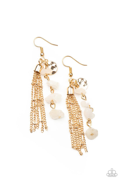 Paparazzi Accessories-Stone Sensation Gold Tassel White Rock Earrings