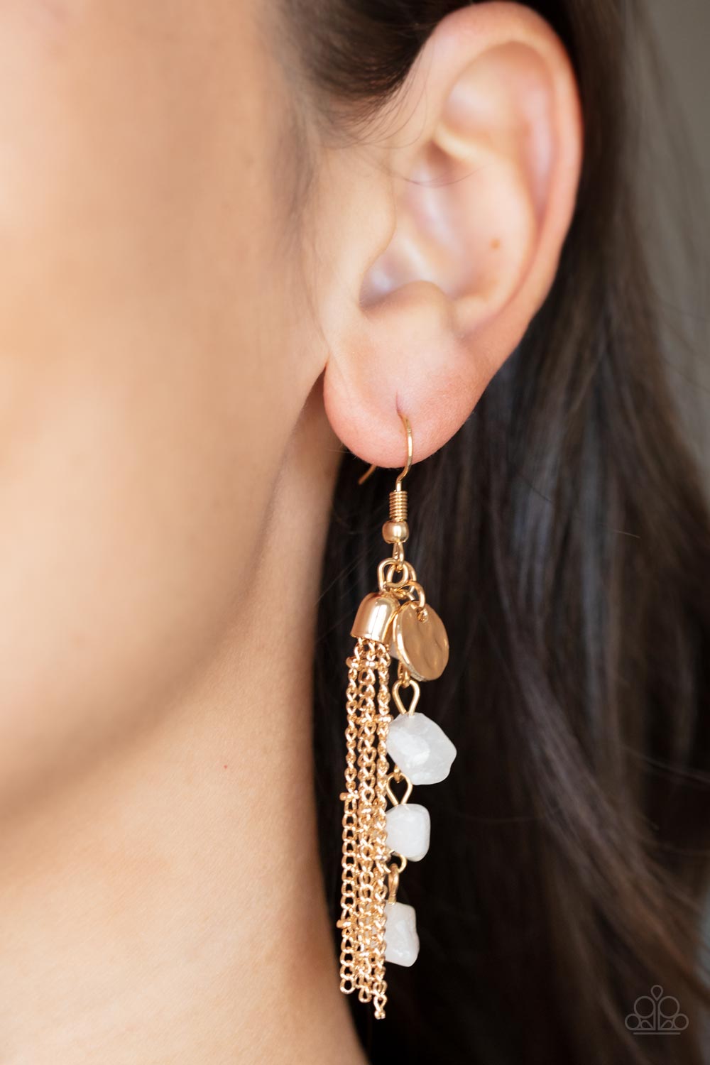 Paparazzi Accessories-Stone Sensation Gold Tassel White Rock Earrings