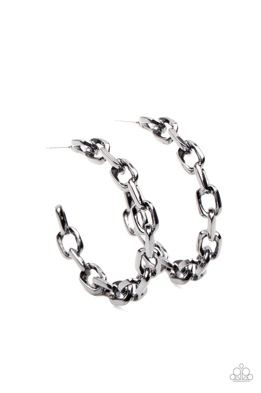 Paparazzi Accessories-Stronger Together Black Edgy Hoop Earrings