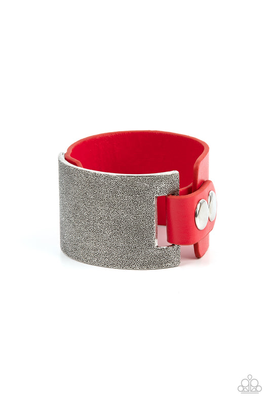 Paparazzi Accessories-Studded Synchronism Red Leather Silver Panel Bracelet