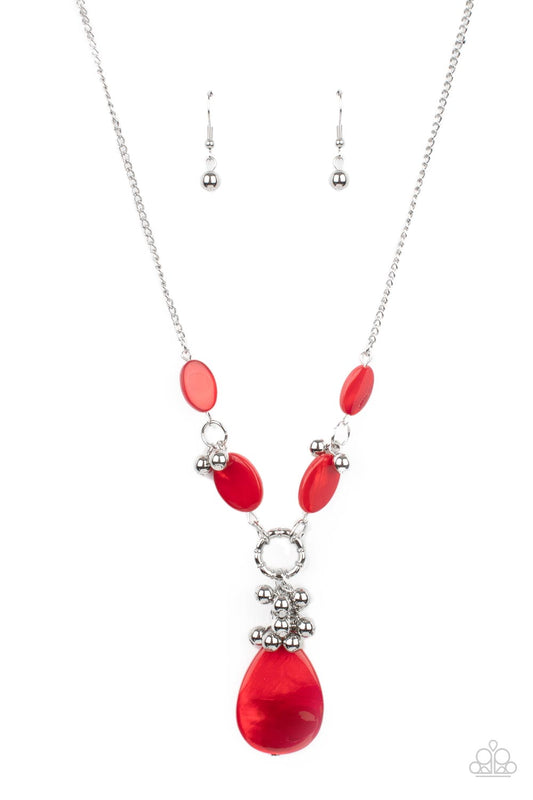 Paparazzi Accessories-Summer Idol Red Oval Shell Silver Bead Necklace Set