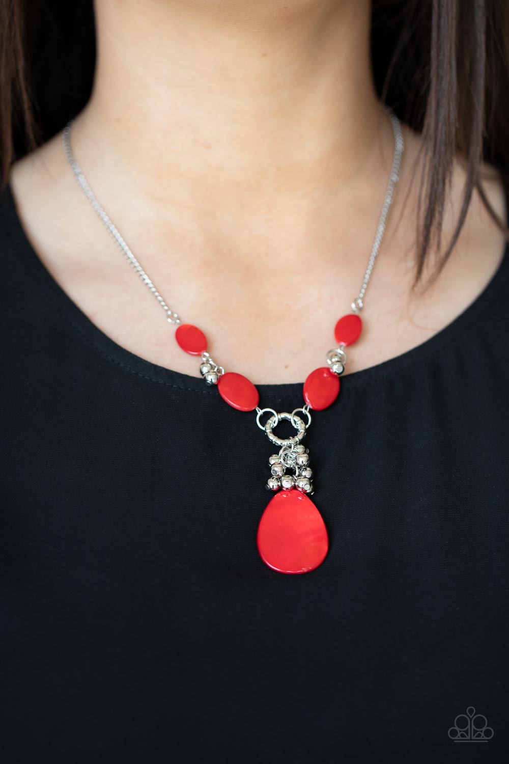 Paparazzi Accessories-Summer Idol Red Oval Shell Silver Bead Necklace Set