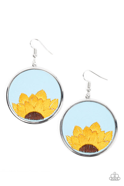 Paparazzi Accessories-Sun-Kissed Sunflowers Blue Leather Floral Earring