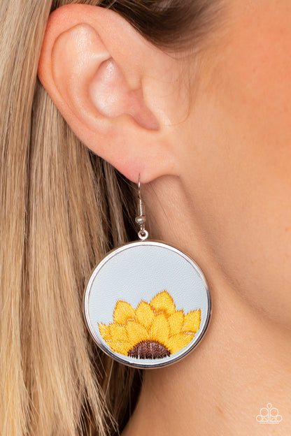 Paparazzi Accessories-Sun-Kissed Sunflowers Blue Leather Floral Earring