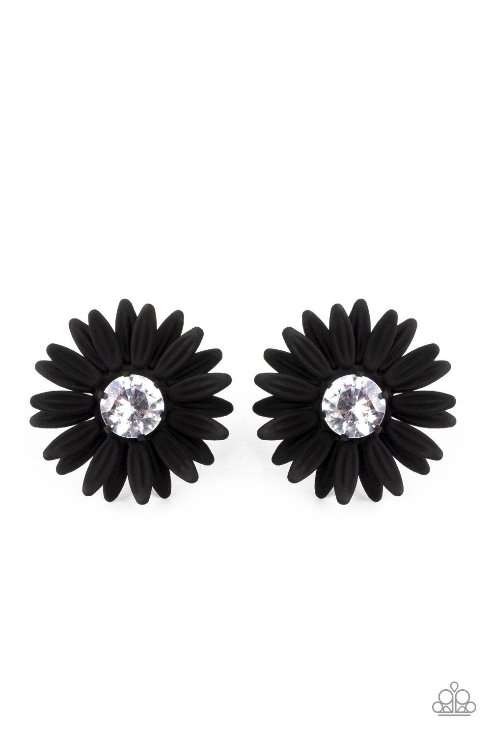 Paparazzi Accessories-Sunshiny DAIS-y Black Petal White Rhinestone Earrings