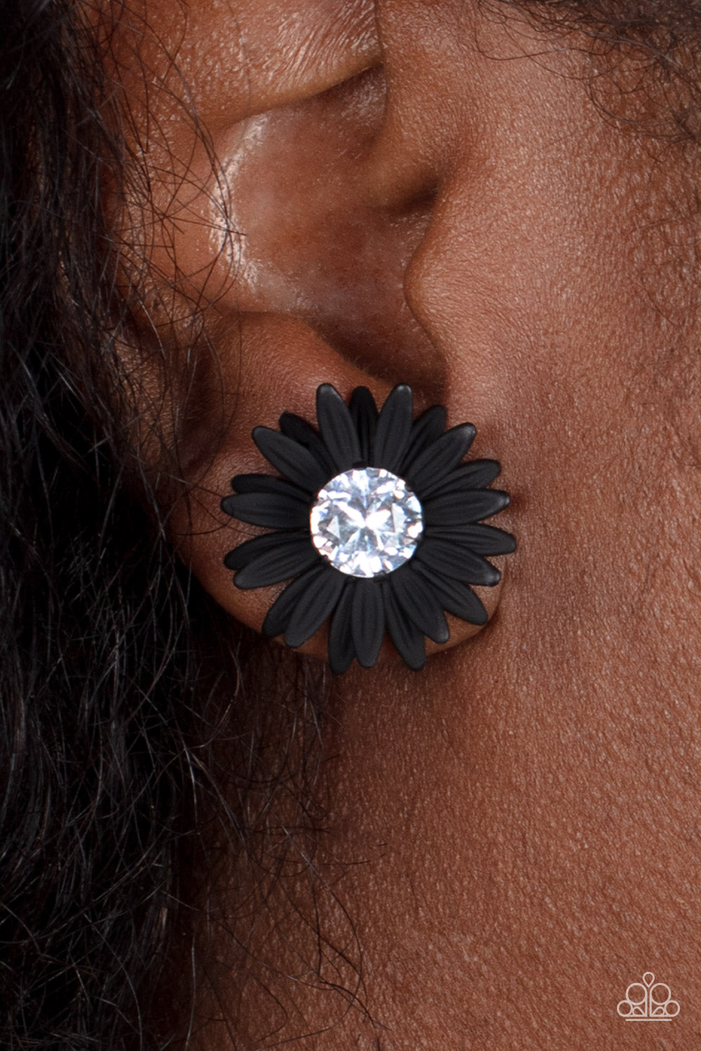 Paparazzi Accessories-Sunshiny DAIS-y Black Petal White Rhinestone Earrings