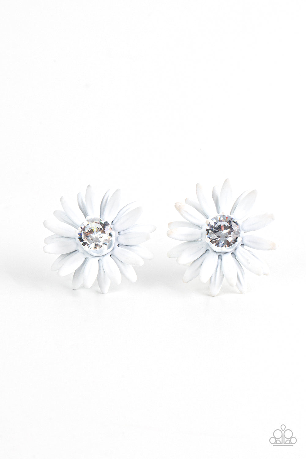 Paparazzi Accessories-Sunshiny DAIS-y White Rhinestone Petal Earrings