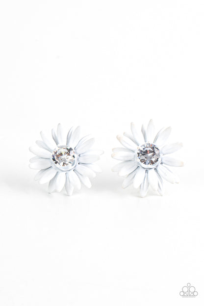 Paparazzi Accessories-Sunshiny DAIS-y White Rhinestone Petal Earrings