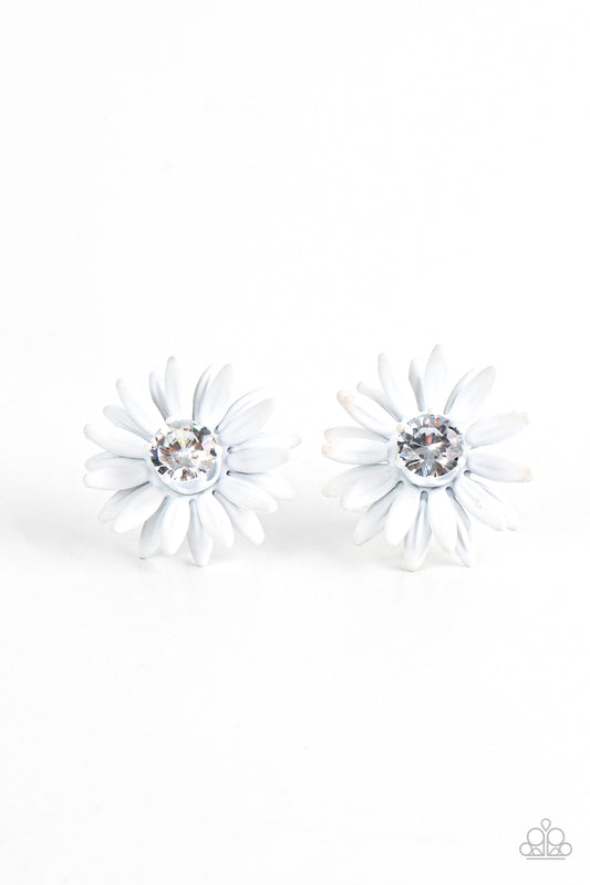 Paparazzi Accessories-Sunshiny DAIS-y White Rhinestone Petal Earrings