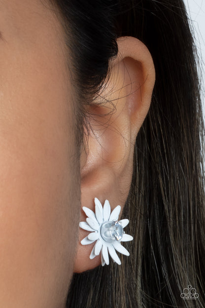 Paparazzi Accessories-Sunshiny DAIS-y White Rhinestone Petal Earrings