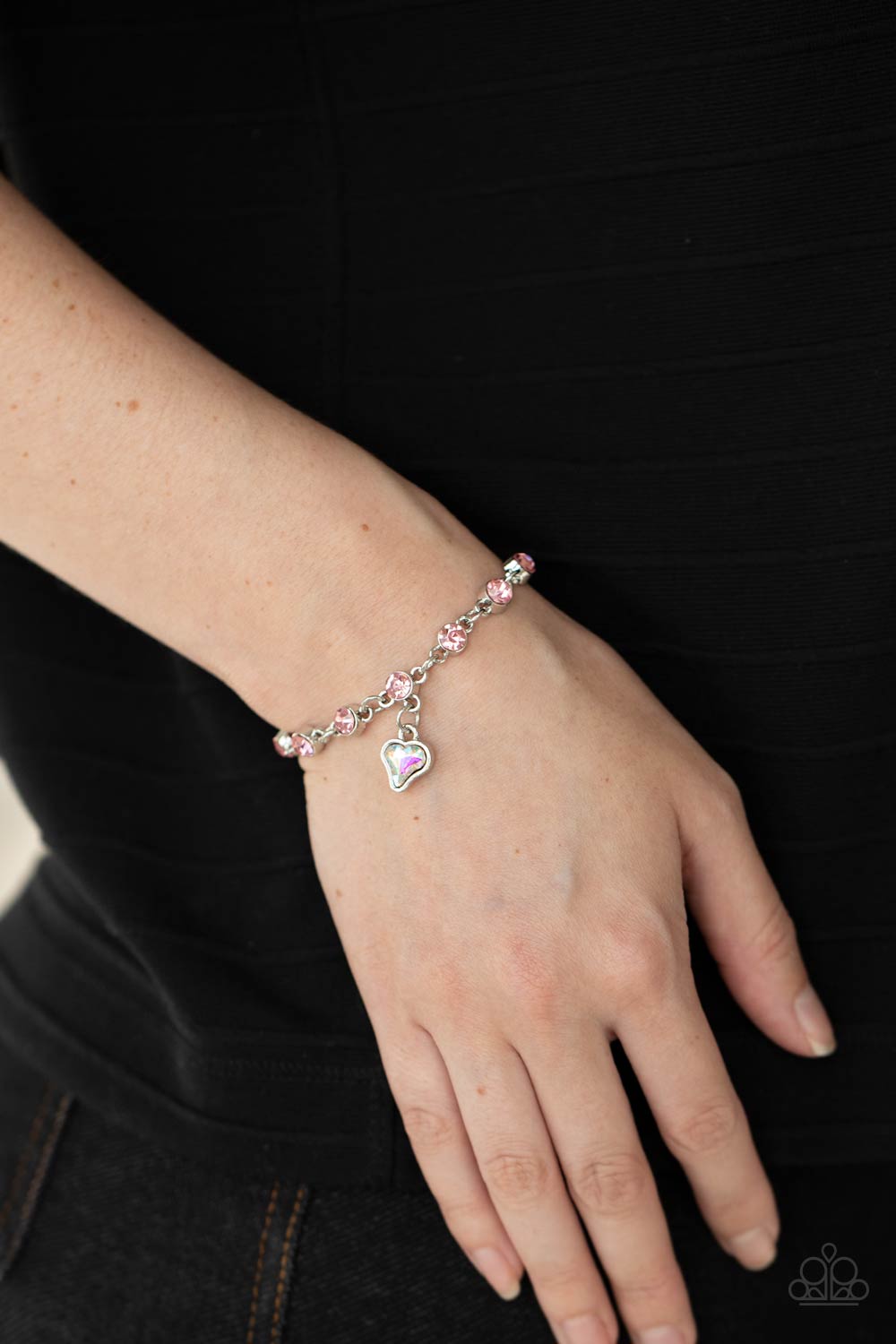 Paparazzi Accessories-Sweet Sixteen Pink Iridescent Charming Heart Bracelet