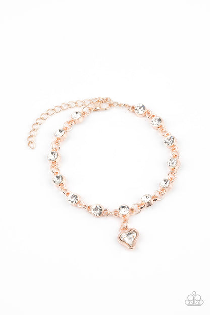 Paparazzi Accessories-Sweet Sixteen Rose Gold White Rhinestone Heart Bracelet