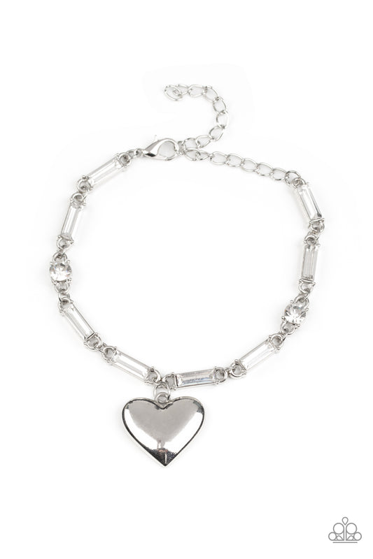 Paparazzi Accessories-Sweetheart Secrets White Rhinestone Heart Charm Link Bracelet