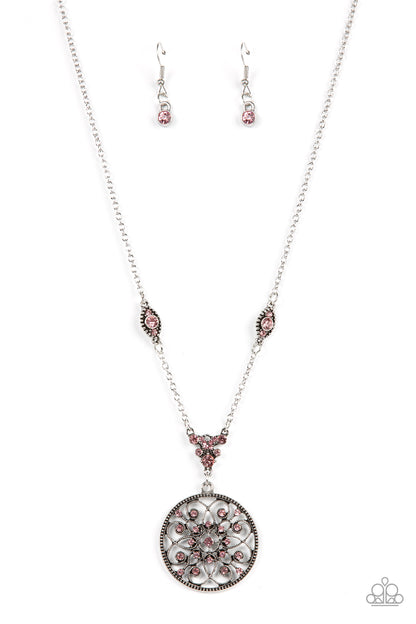 Paparazzi Accessories-TIMELESS Traveler Pink Glittery Rhinestone Floral Necklace Set