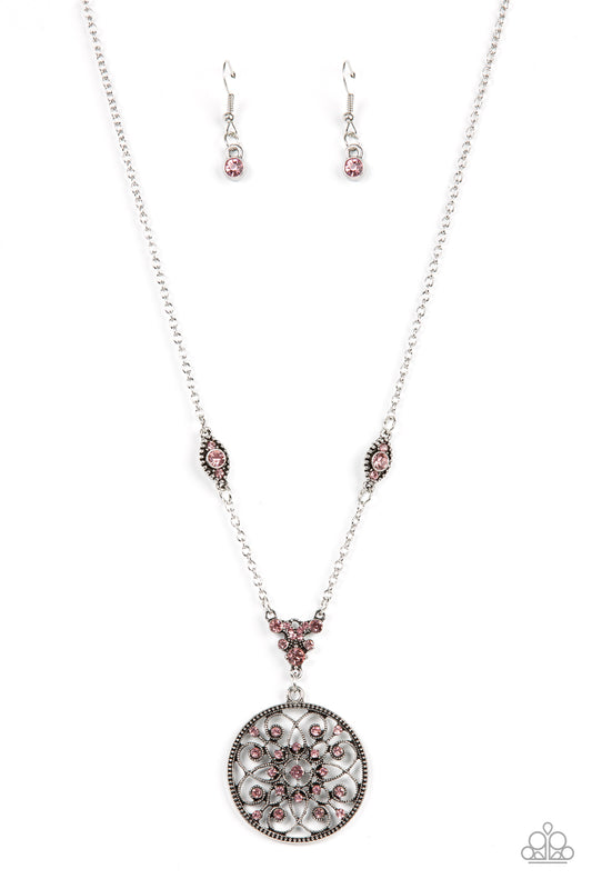 Paparazzi Accessories-TIMELESS Traveler Pink Glittery Rhinestone Floral Necklace Set