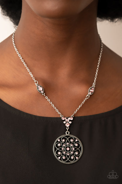 Paparazzi Accessories-TIMELESS Traveler Pink Glittery Rhinestone Floral Necklace Set