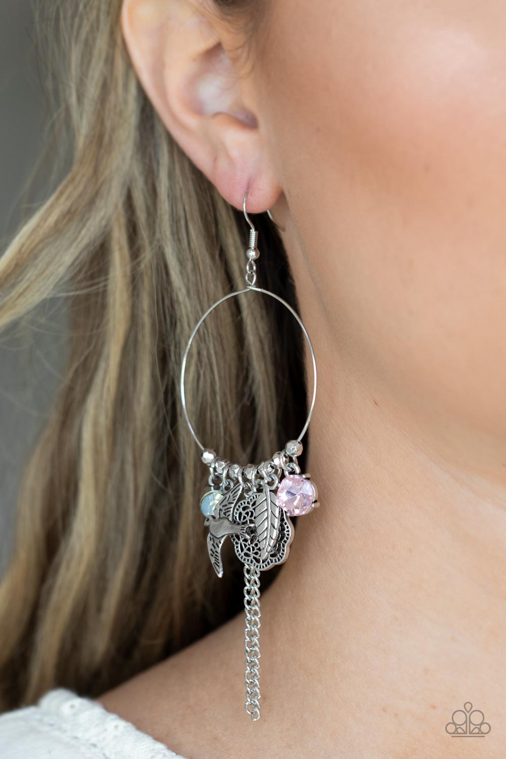 Paparazzi Accessories-TWEET Dreams Pink Iridescent Free Spirited Charm Earrings