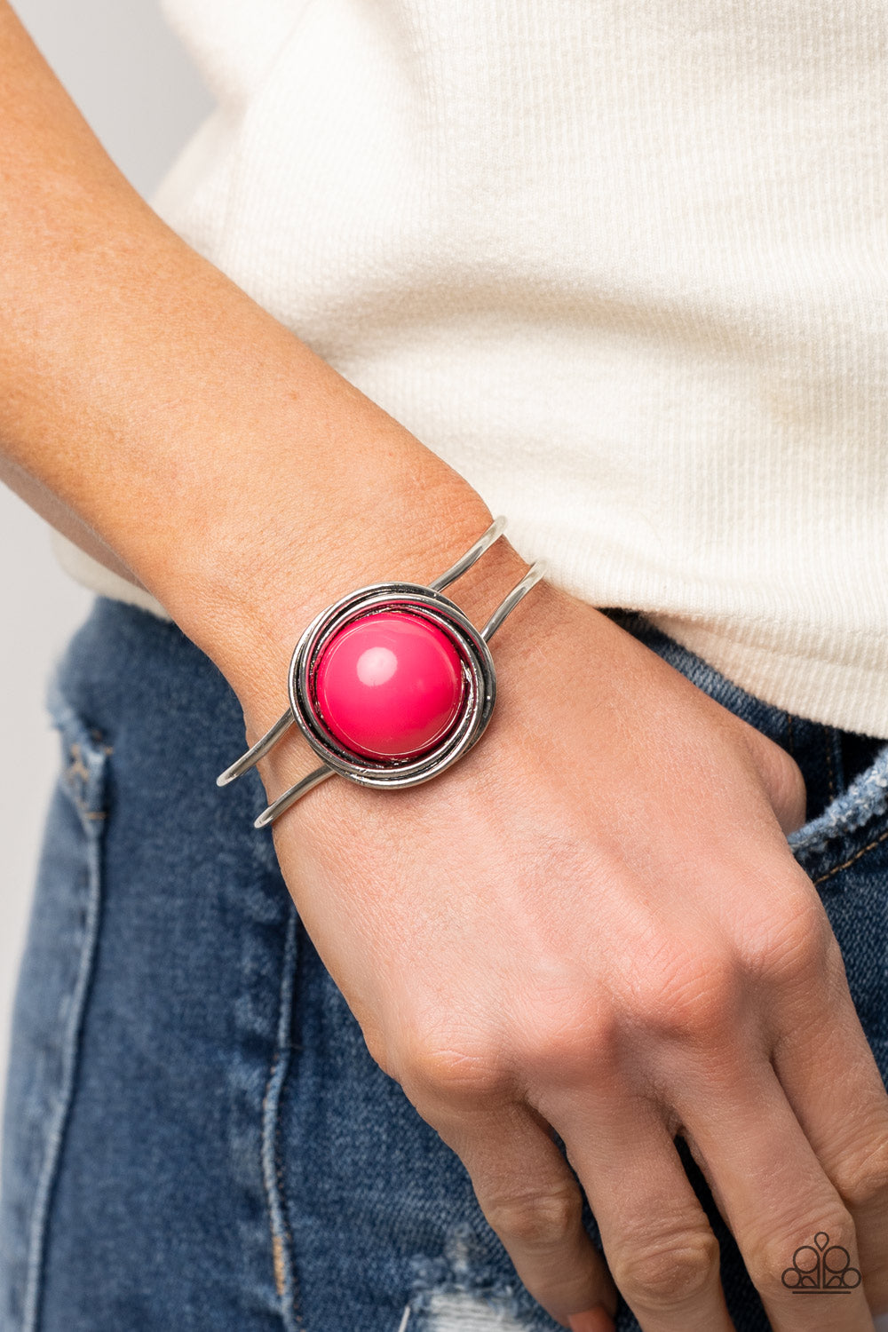 Paparazzi Accessories-Take It From The POP! Pink Bead Silver Bangle Cuff Bracelet