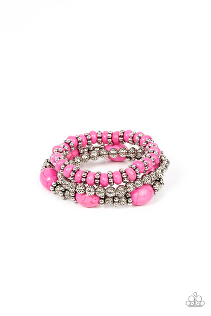 Paparazzi Accessories-Take By SANDSTORM Pink Stone Silver Bead Bracelet