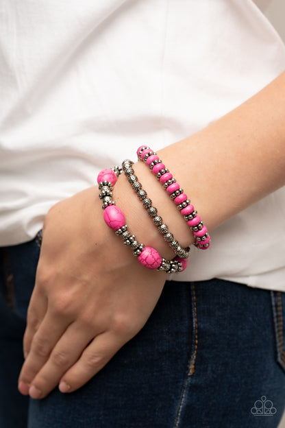 Paparazzi Accessories-Take By SANDSTORM Pink Stone Silver Bead Bracelet