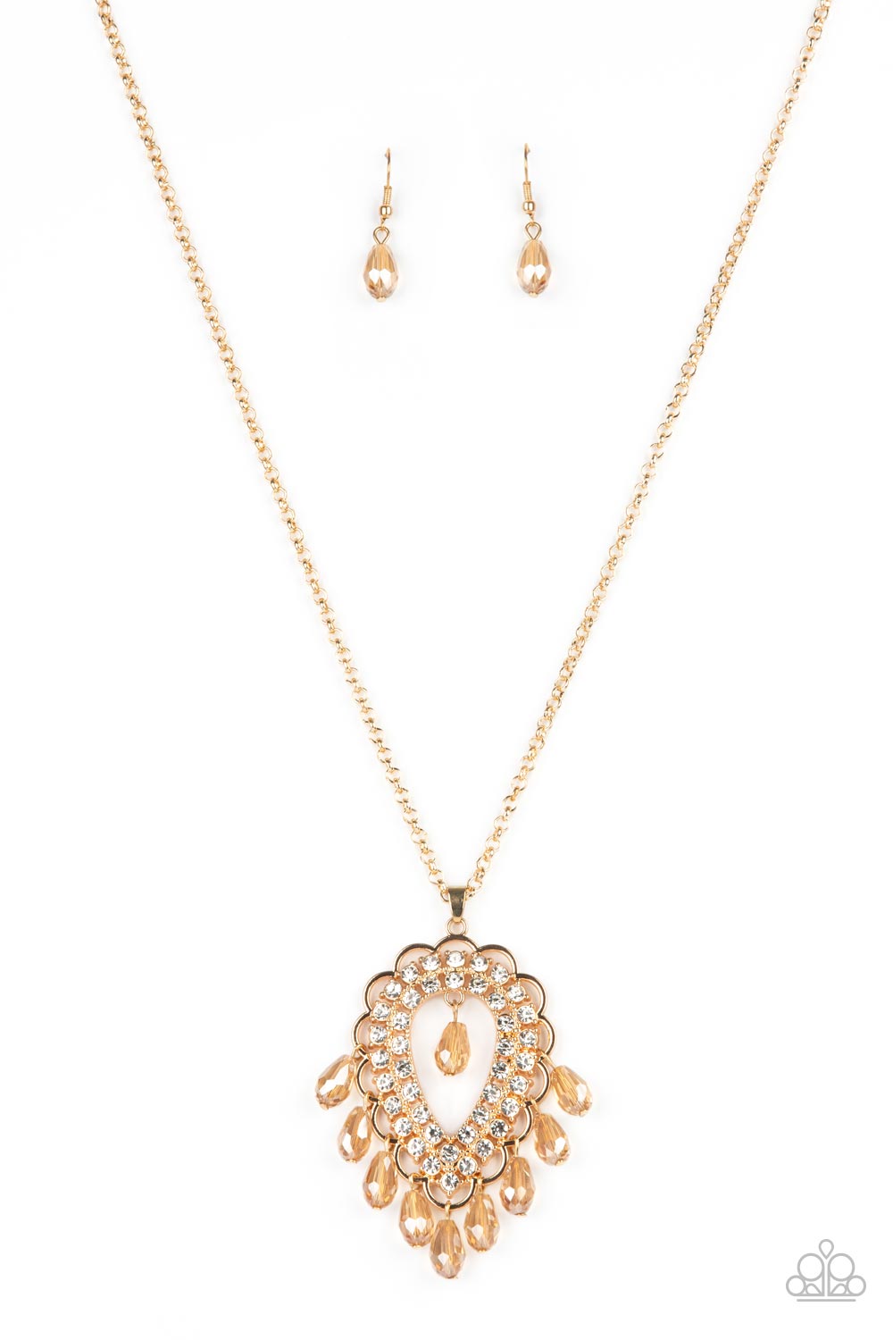 Paparazzi Accessories-Teasable Teardrops Gold/White Rhinestone Scalloped Necklace Set