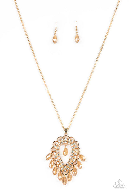 Paparazzi Accessories-Teasable Teardrops Gold/White Rhinestone Scalloped Necklace Set