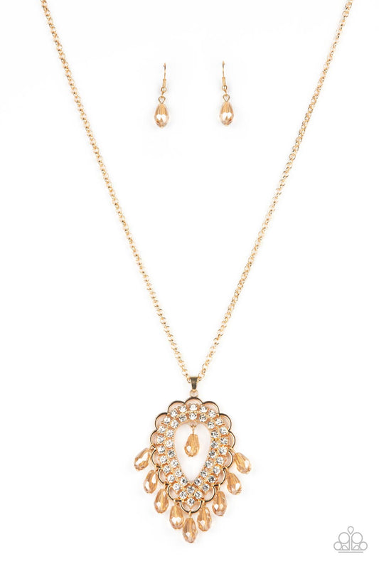 Paparazzi Accessories-Teasable Teardrops Gold/White Rhinestone Scalloped Necklace Set