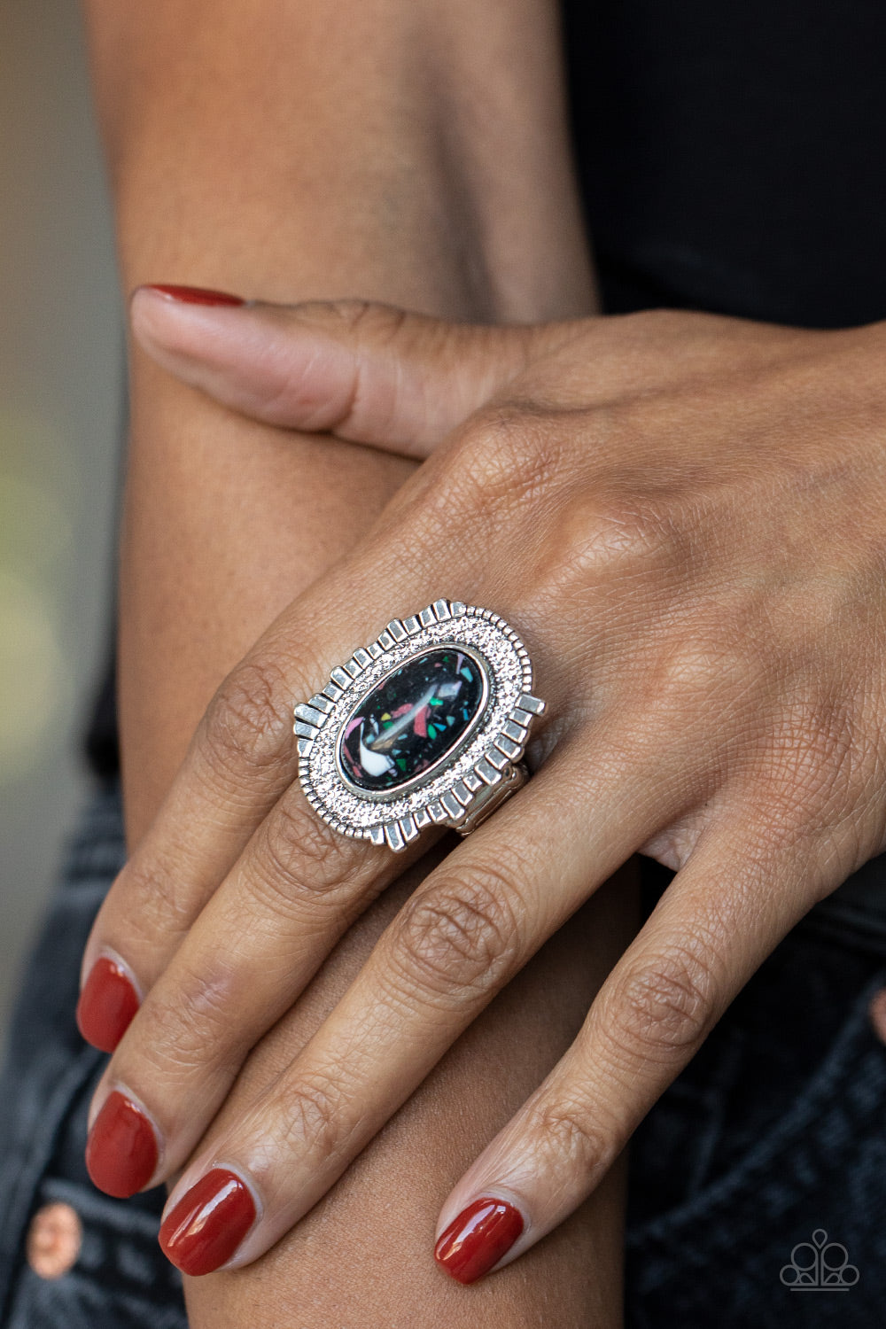 Paparazzi Accessories-Terrazzo Trendsetter Black Artisan Earthy Stone Ring