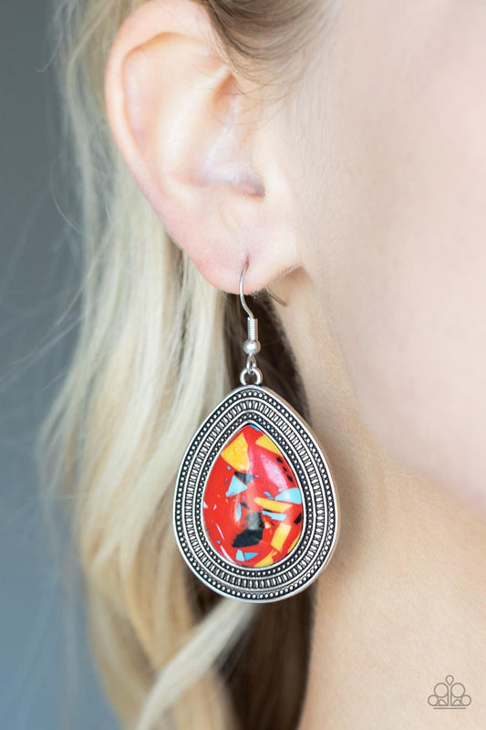 Paparazzi Accessories-Terrazzo Tundra Red Colorful Teardrop Earrings