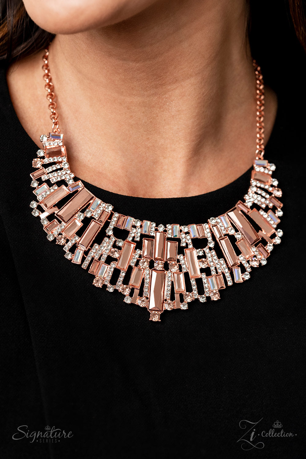 Paparazzi Accessories-The Deborah Copper White Rhinestone 2023 ZI Necklace Set