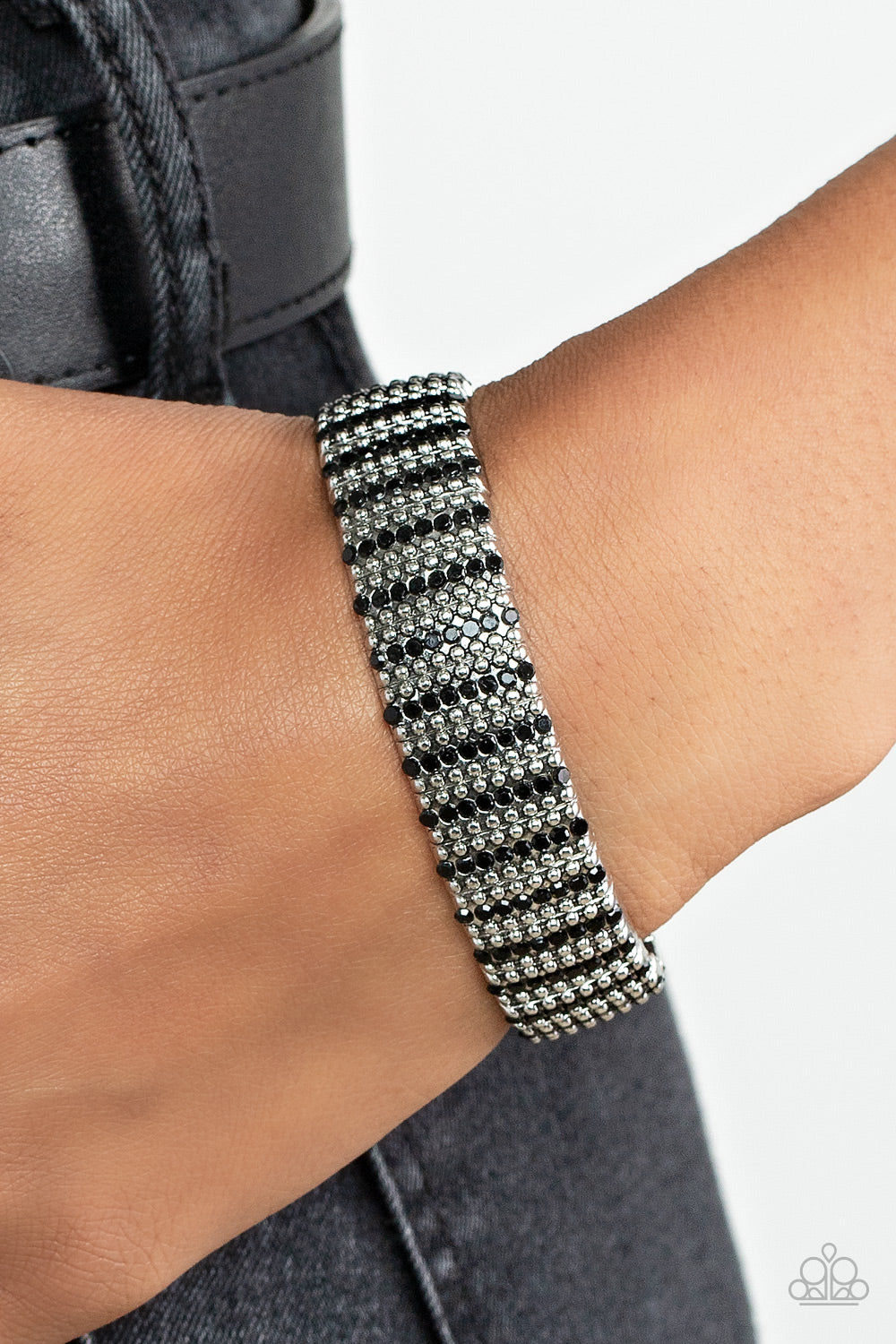 Paparazzi Accessories-The GRIT Factor Glamorous Silver Stud Black Rhinestone Bracelet