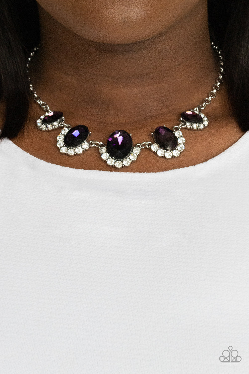 Paparazzi Accessories-The Queen Demands It Purple Sparkly White Rhinestone Necklace Set