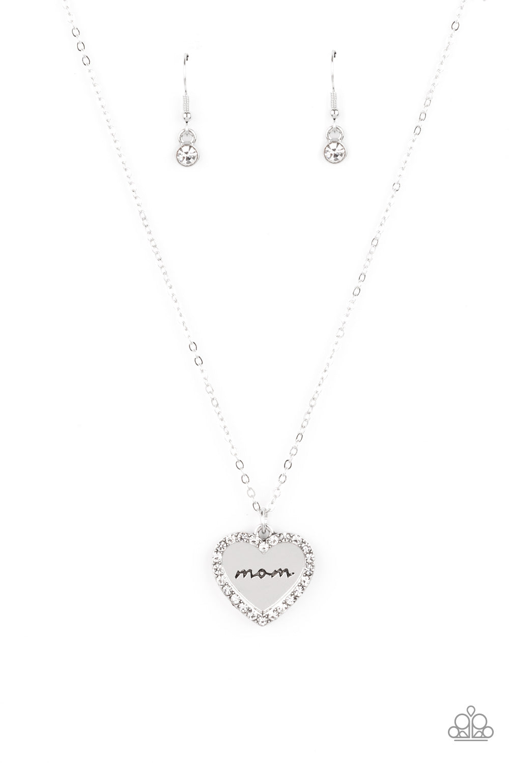 Paparazzi Accessories-The Real Boss White Rhinestone Silver "Mom" Heart Pendant Necklace Set