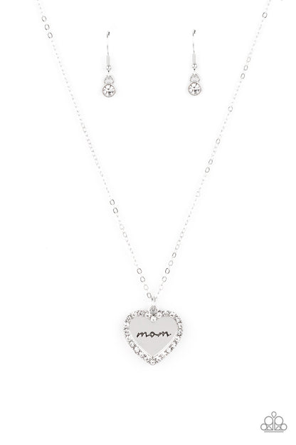 Paparazzi Accessories-The Real Boss White Rhinestone Silver "Mom" Heart Pendant Necklace Set