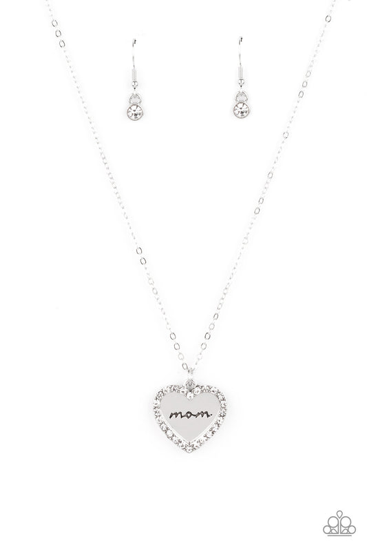 Paparazzi Accessories-The Real Boss White Rhinestone Silver "Mom" Heart Pendant Necklace Set