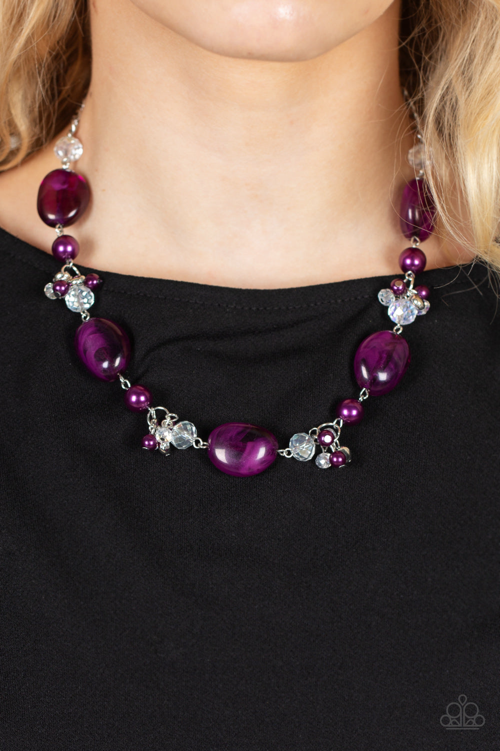 Paparazzi Accessories-The Top TENACIOUS Purple Crystal Silver Bead Necklace Set