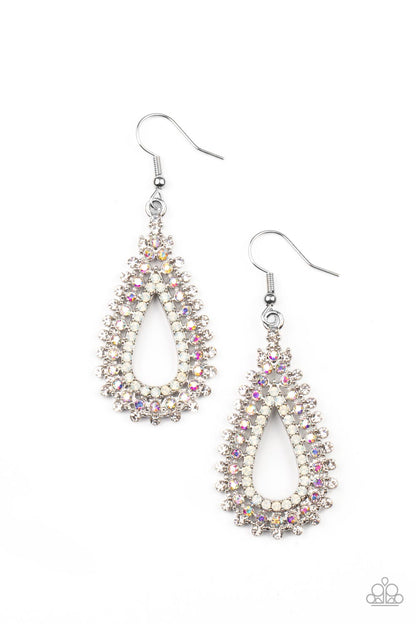 Paparazzi Accessories-The  Works Multi White Iridescent Opal Rhinestone Earrings