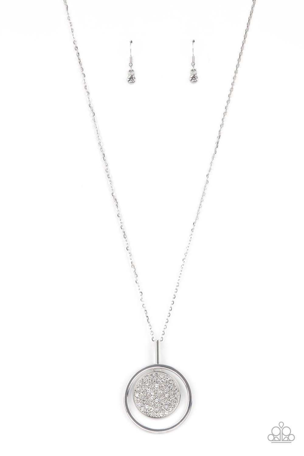 Paparazzi Accessories-There She GLOWS! White Rhinestone Silver Disc Necklace Set