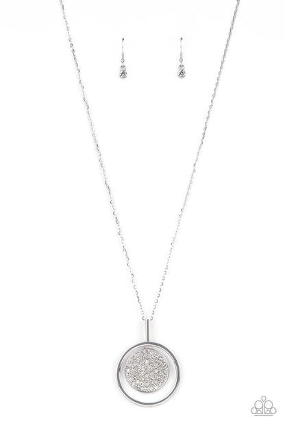 Paparazzi Accessories-There She GLOWS! White Rhinestone Silver Disc Necklace Set