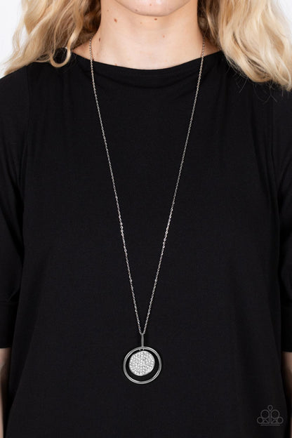 Paparazzi Accessories-There She GLOWS! White Rhinestone Silver Disc Necklace Set