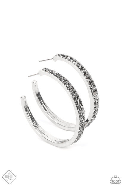 Paparazzi Accessories-Tick, Tick, Boom! Hematite Rhinestone Hoop Earrings