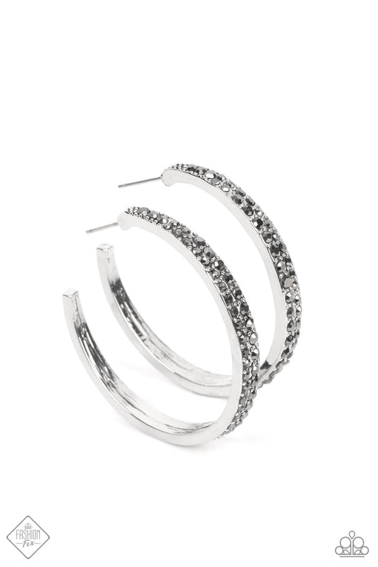 Paparazzi Accessories-Tick, Tick, Boom! Hematite Rhinestone Hoop Earrings