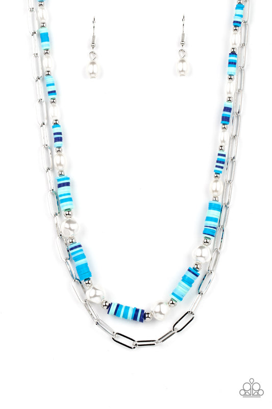 Paparazzi Accessories-Tidal Trendsetter Blue Disc Silver Bead Necklace Set