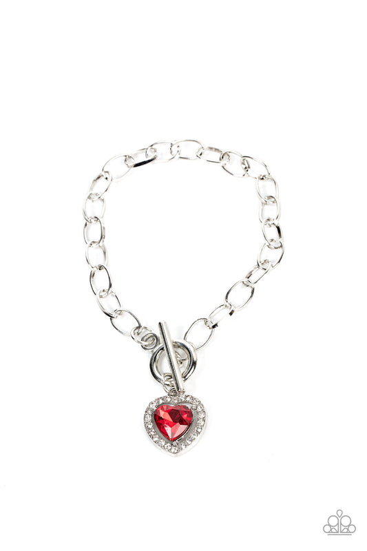 Paparazzi Accessories-Till DAZZLE Do Us Part Red Glassy Heart Rhinestone Bracelet
