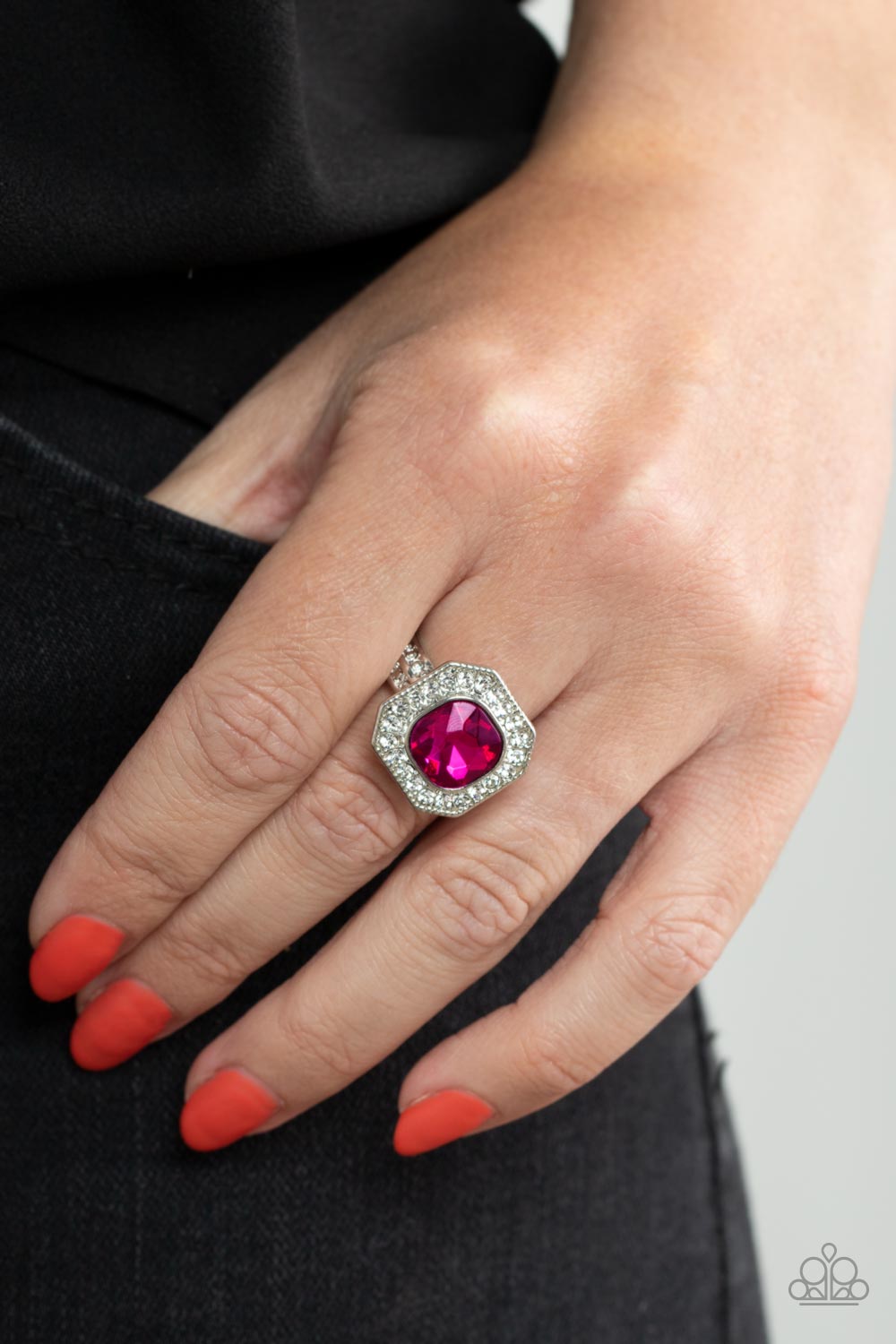 Paparazzi Accessories-Title Match Pink Sparkly White Rhinestone Ring