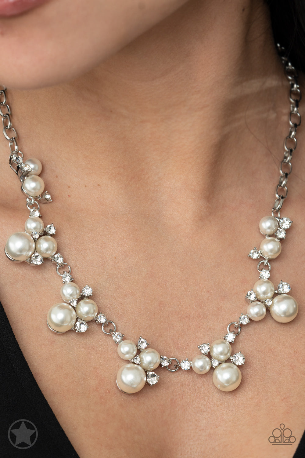 Paparazzi Accessories-Toast To Perfection Dazzling White Pearls/Rhinestone Necklace Set