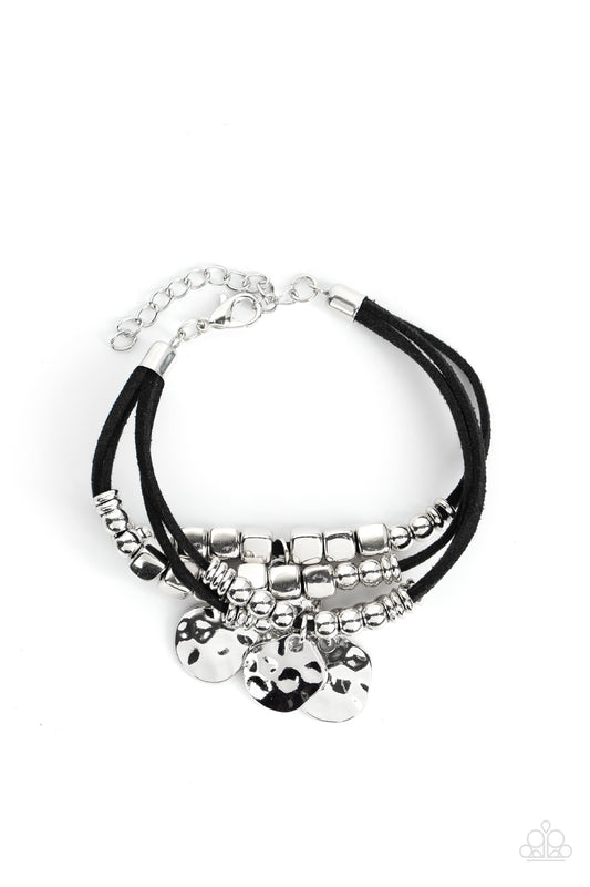 Paparazzi Accessories-Token Trek Black Hammered Silver Disc Bracelet