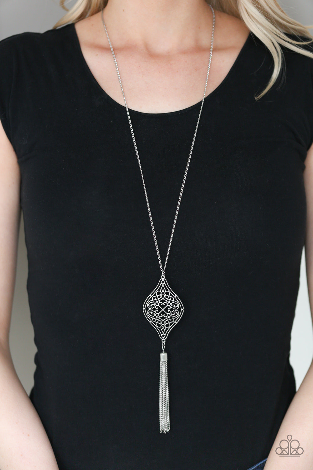 Paparazzi Accessories-Totally Worth The TASSEL Silver Filigree Necklace Set